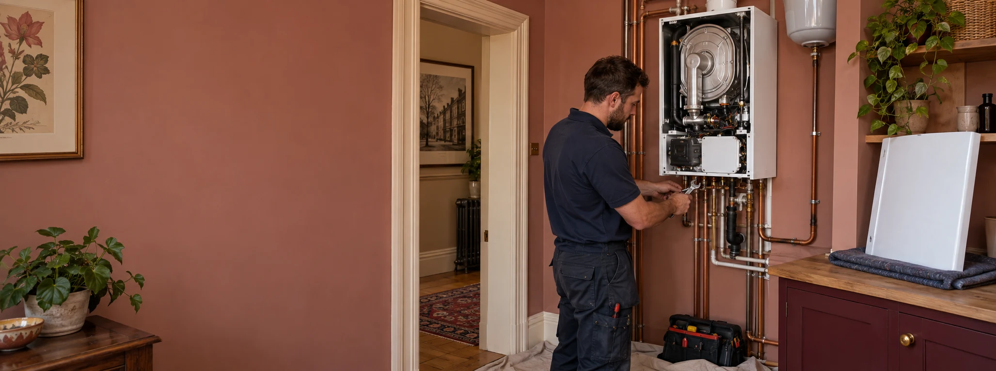 Illustration of a heating engineer completing pipe connections beneath a boiler with its front casing removed.