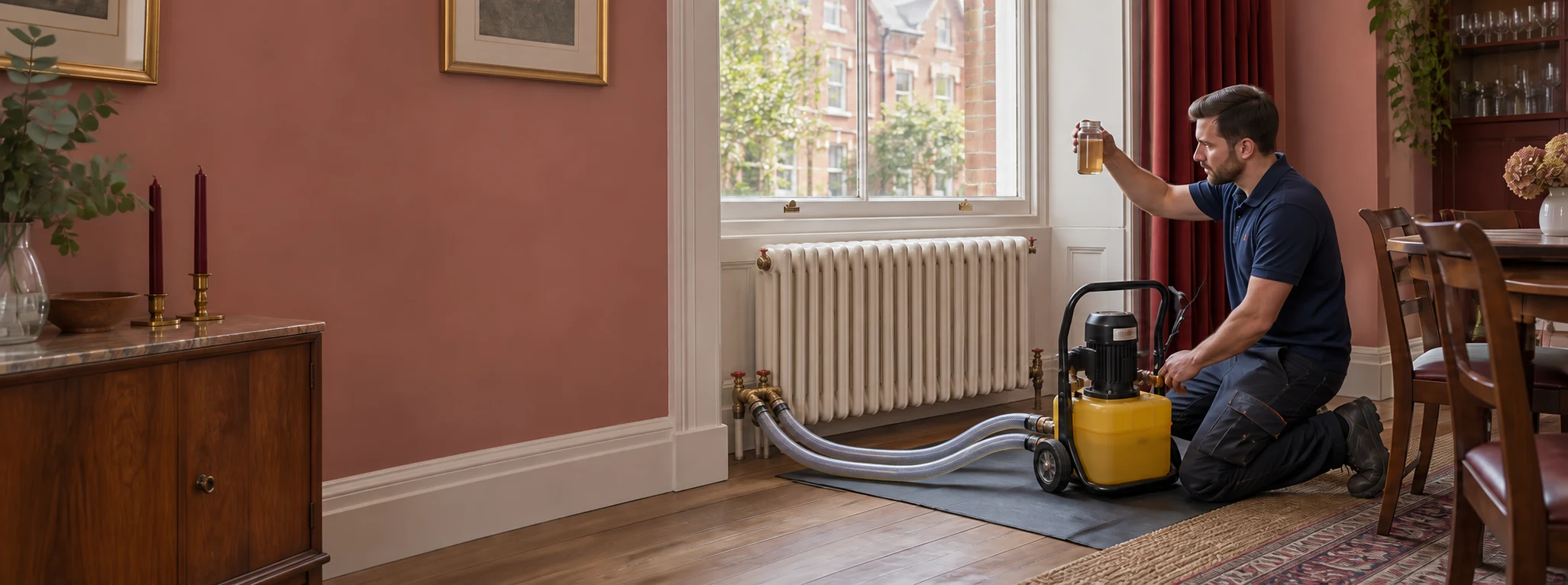 Illustration of an engineer checking heating-system water beside a PowerFlush machine in a period Maida Vale flat.
