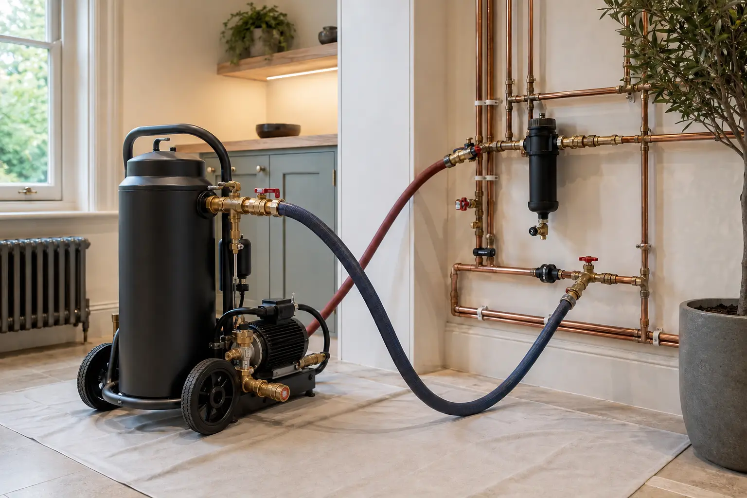 Professional PowerFlush machine connected to heating pipework in a Notting Hill property.