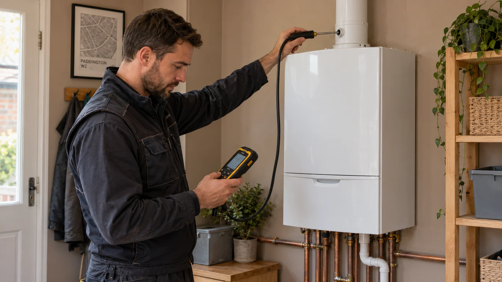Heating engineer checking a flue gas analyser during boiler commissioning.