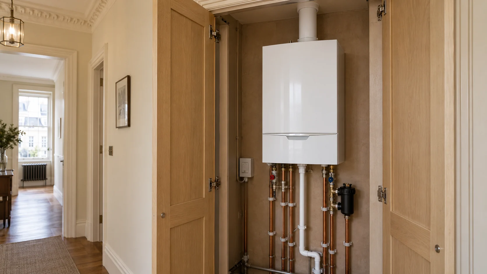Boiler and accessible service pipework inside an open oak utility cupboard.