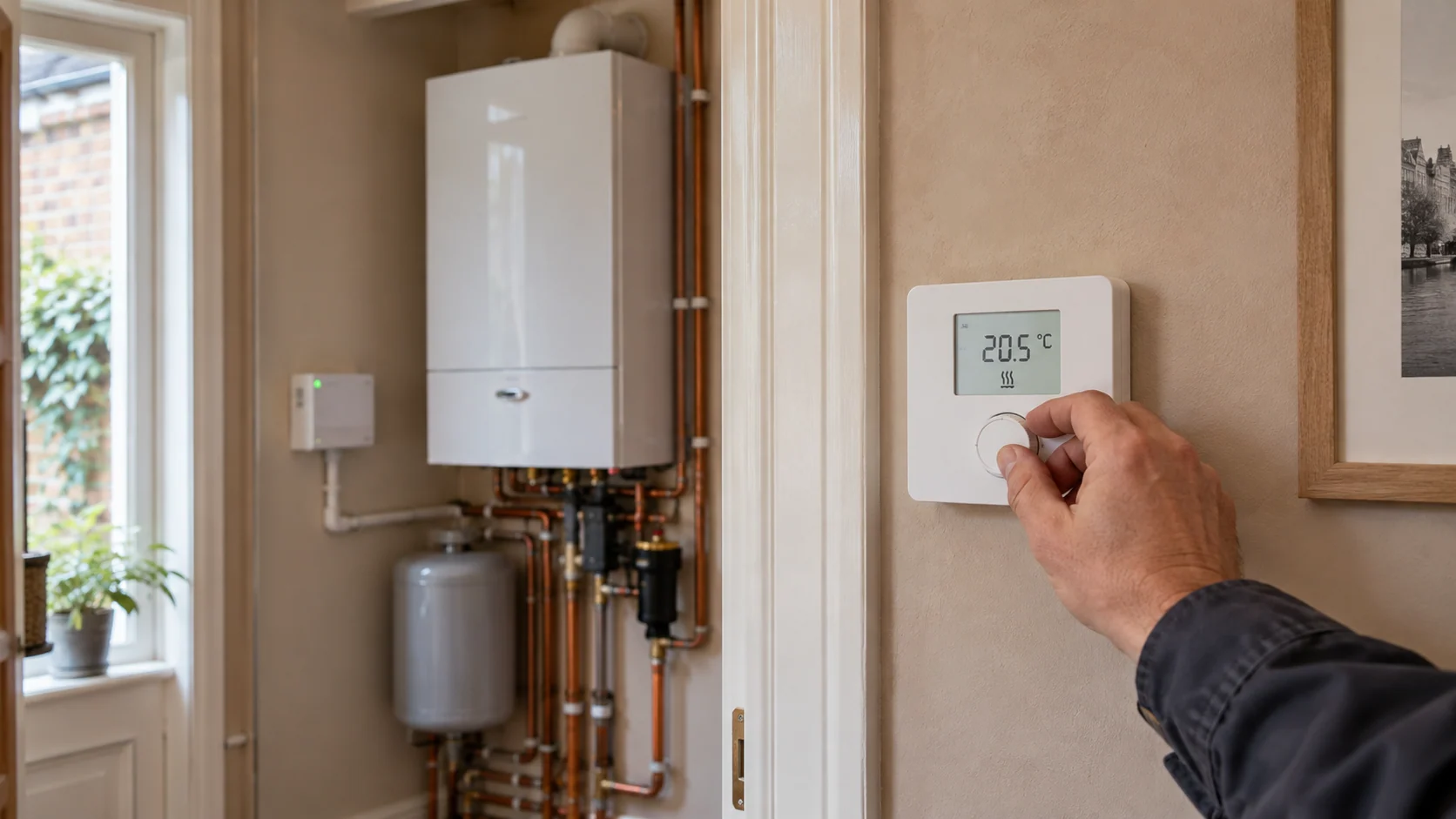 Wall-mounted heating controller being adjusted beside a boiler utility space.