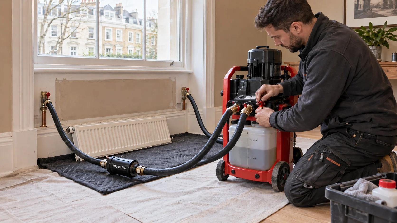 Heating engineer operating a powerflushing machine connected to the heating circuit.