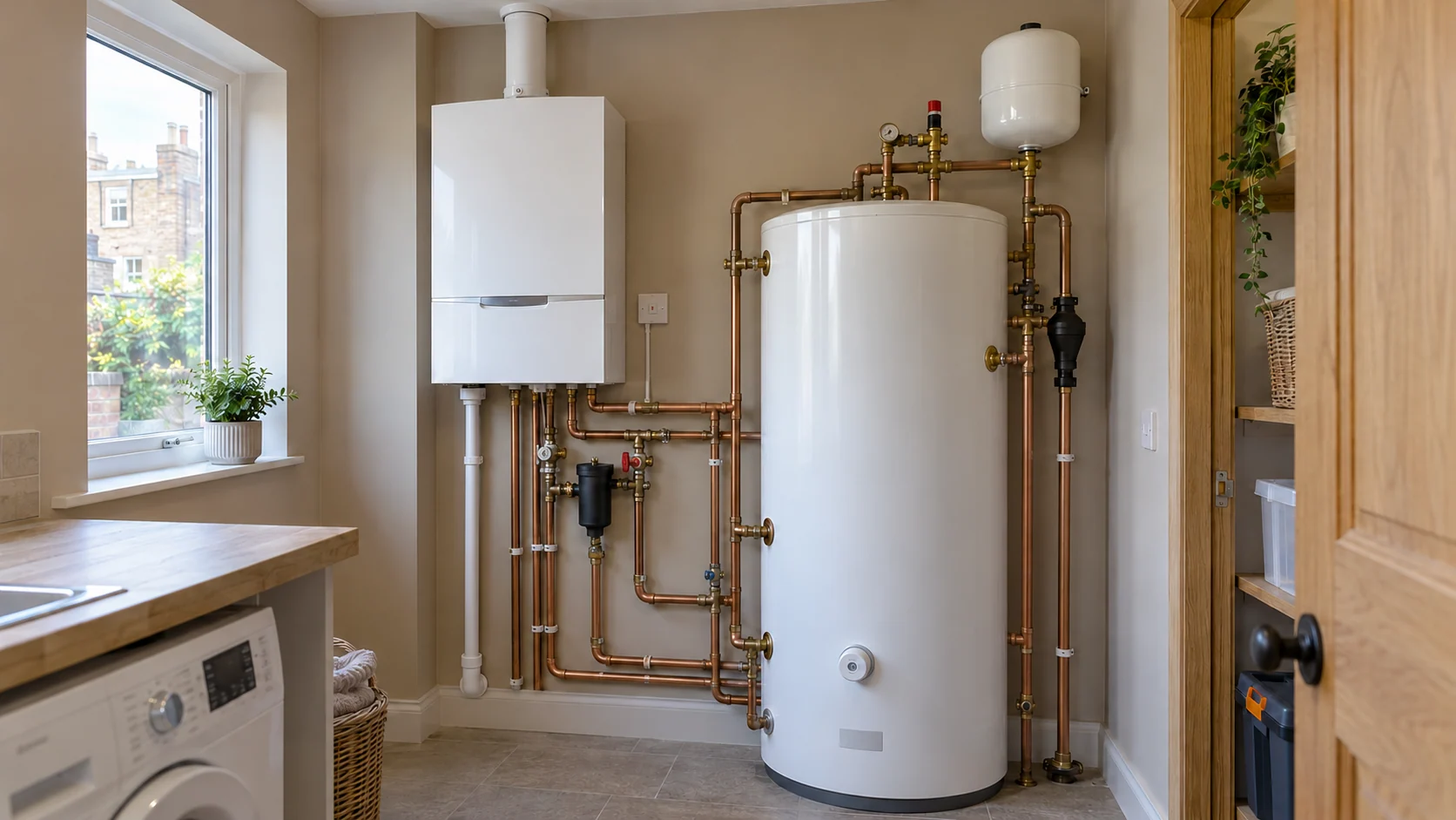 System boiler beside a domestic hot-water cylinder with accessible valves and pipework.