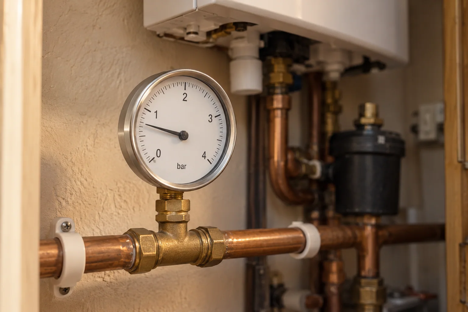 Analogue pressure gauge connected to copper heating pipework