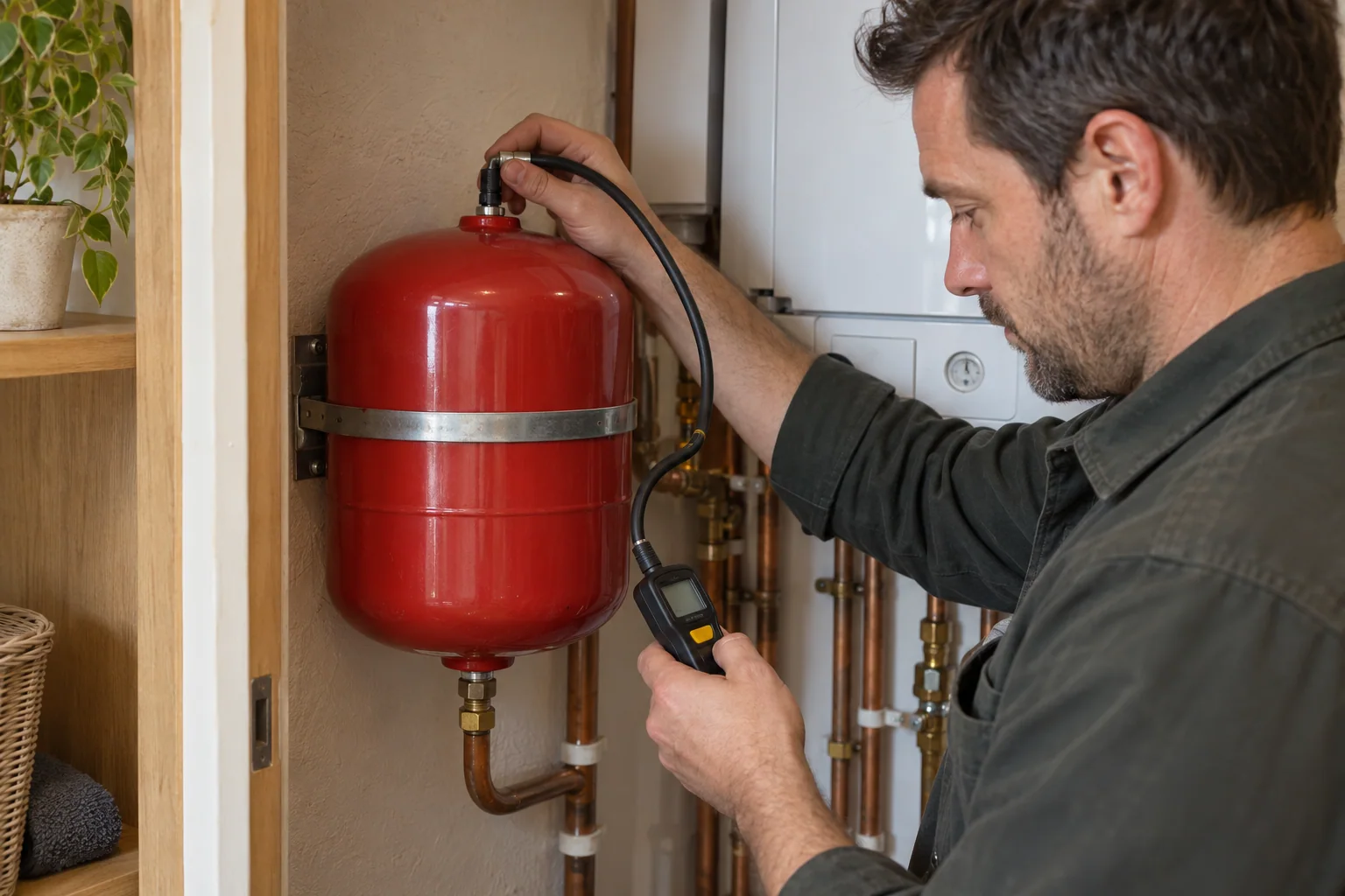 Heating engineer checking a red expansion vessel with a pressure gauge