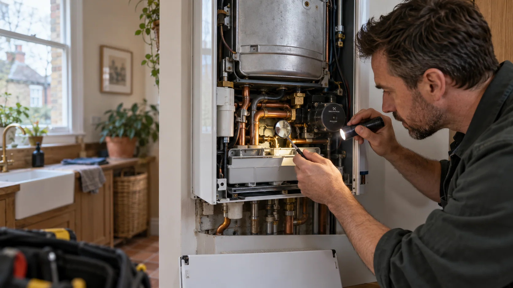 Heating engineer inspecting internal boiler pipework with a torch and inspection mirror