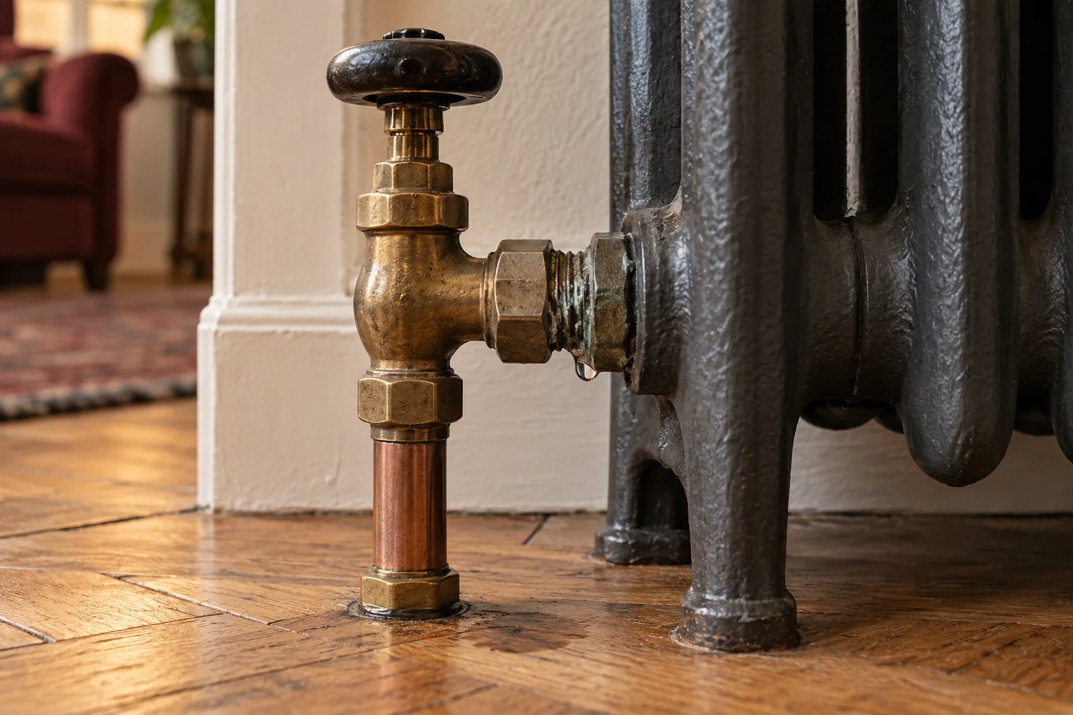 Small water droplet and staining at a radiator valve connection