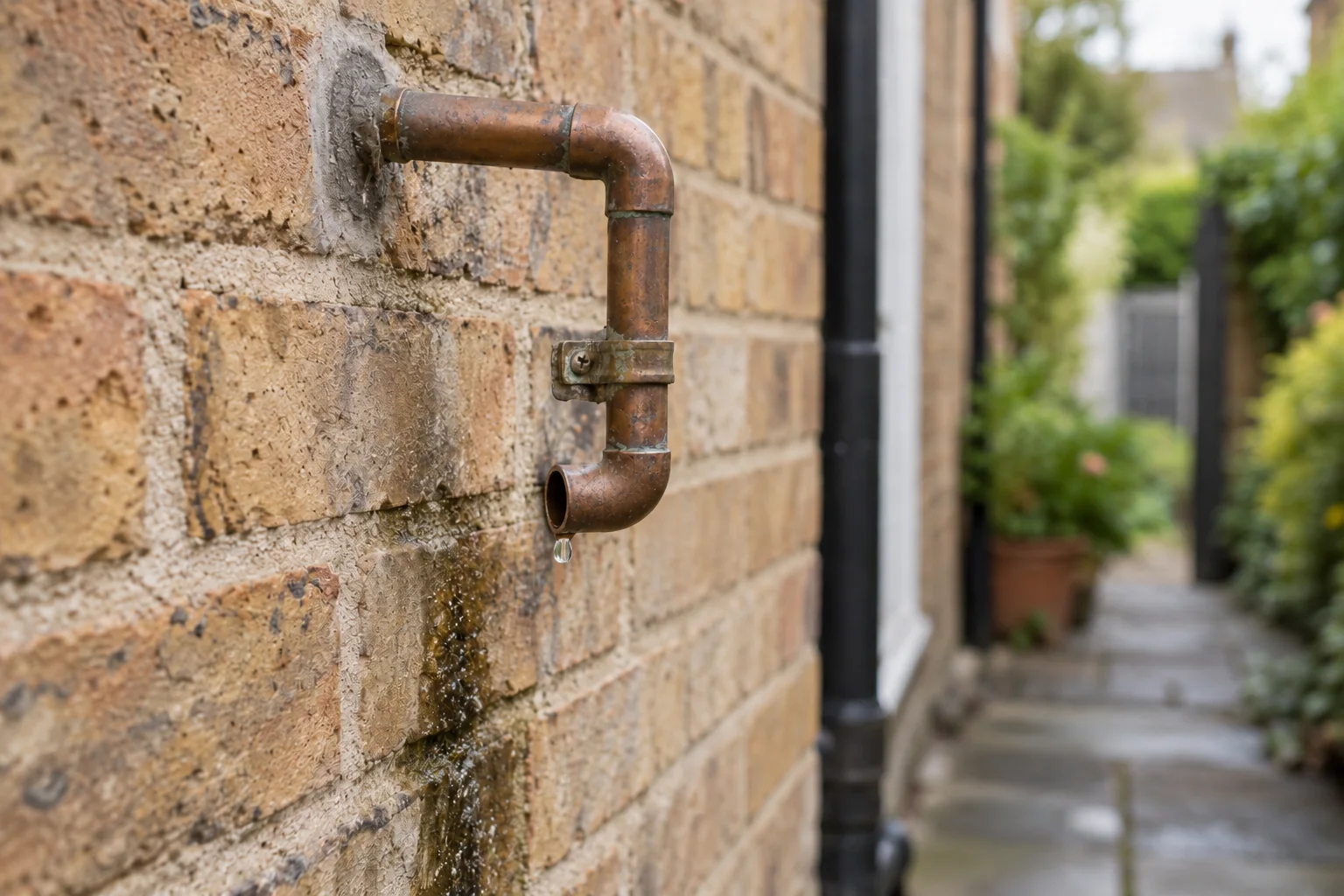 Water droplet at the open end of an external copper discharge pipe