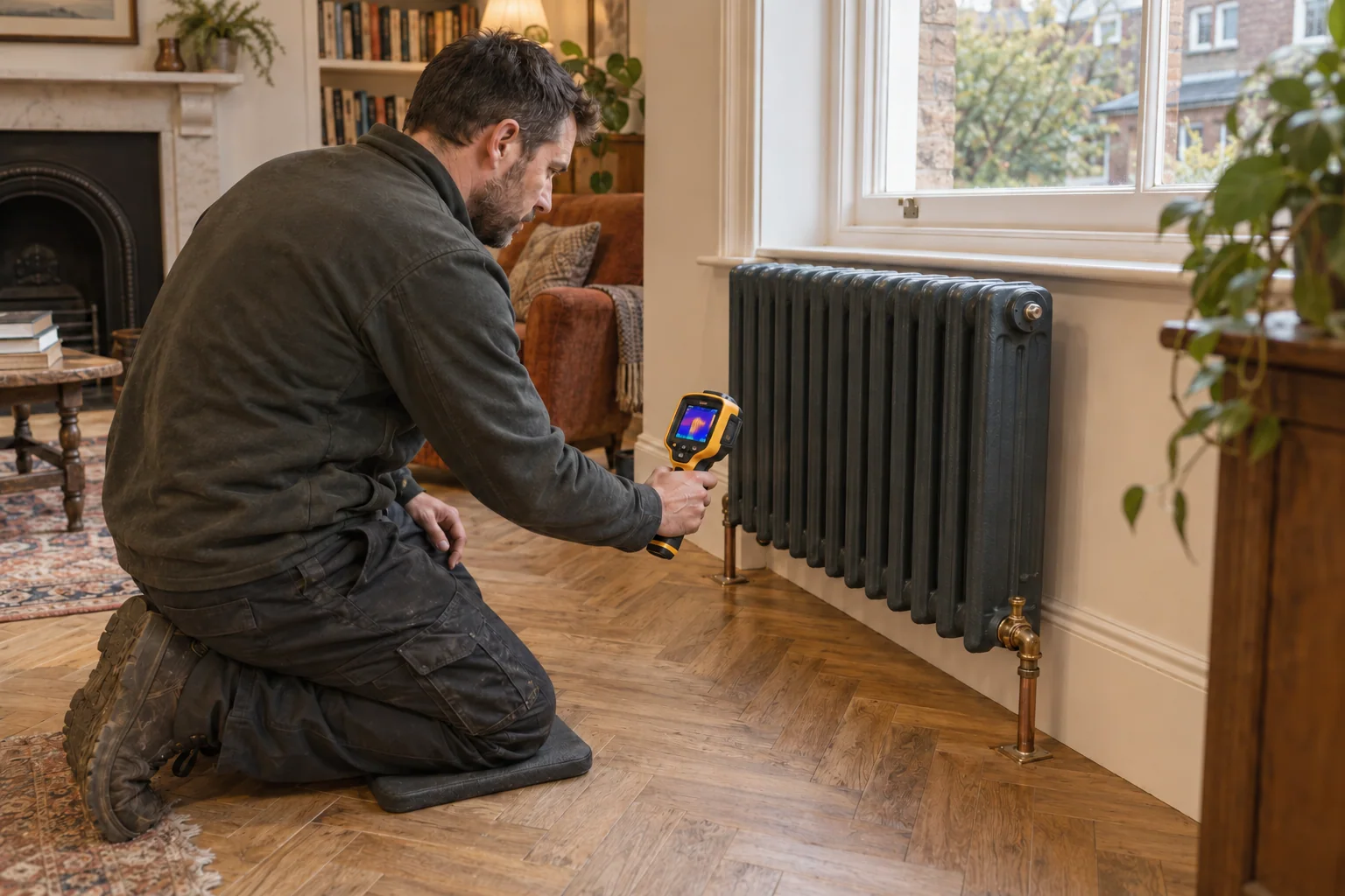 Heating engineer using a thermal camera beside a radiator and timber floor