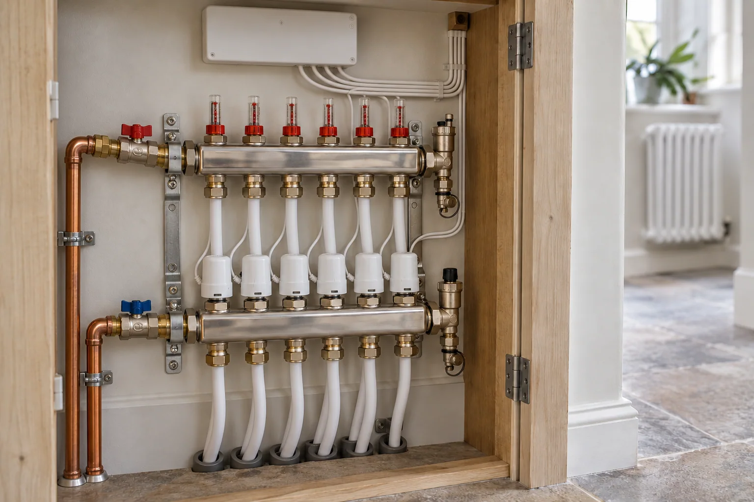 Underfloor heating manifold with connected white pipe loops, flow meters and actuators
