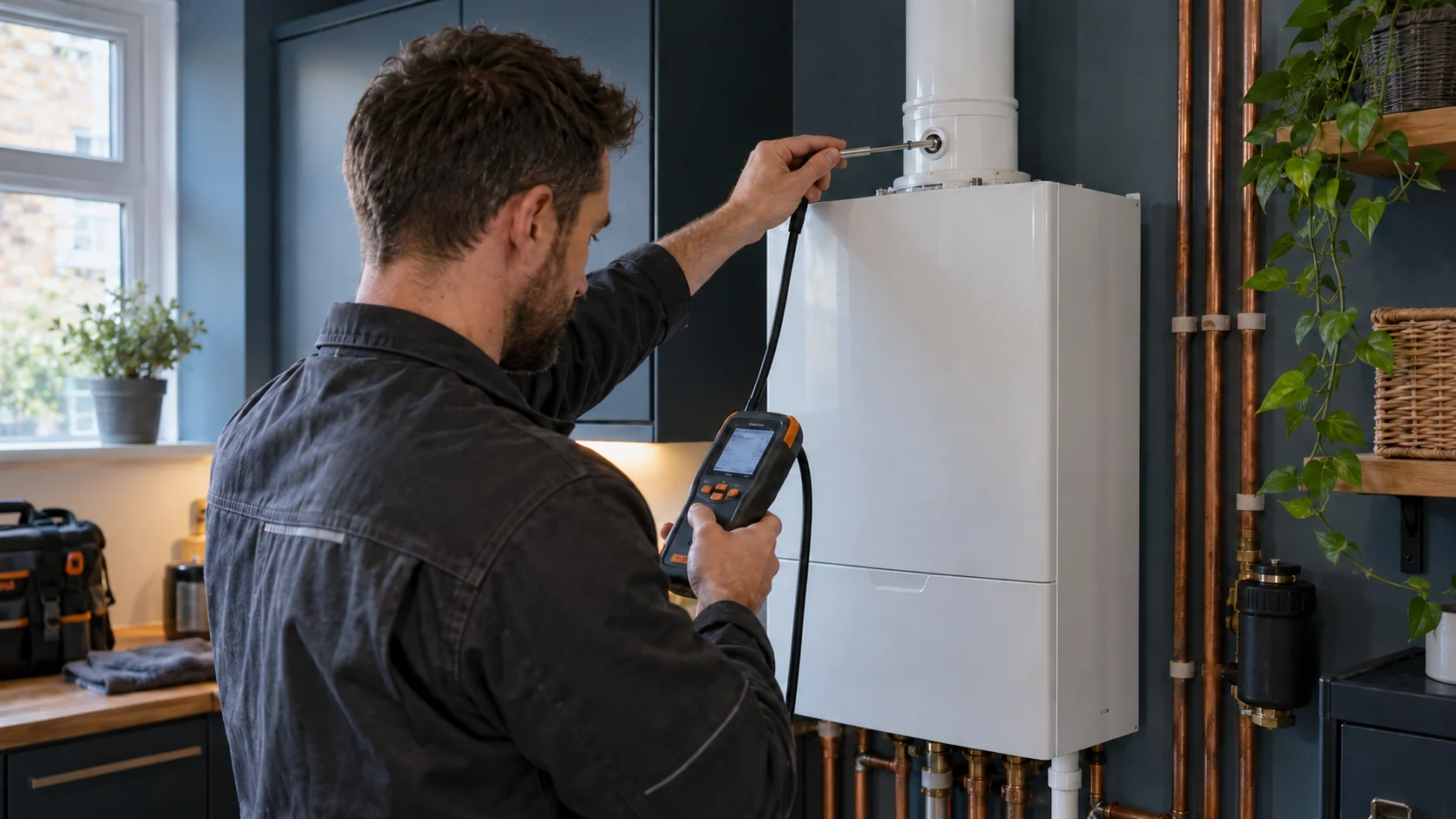 Heating engineer reading a flue-gas analyser connected to a boiler’s designated flue sampling port