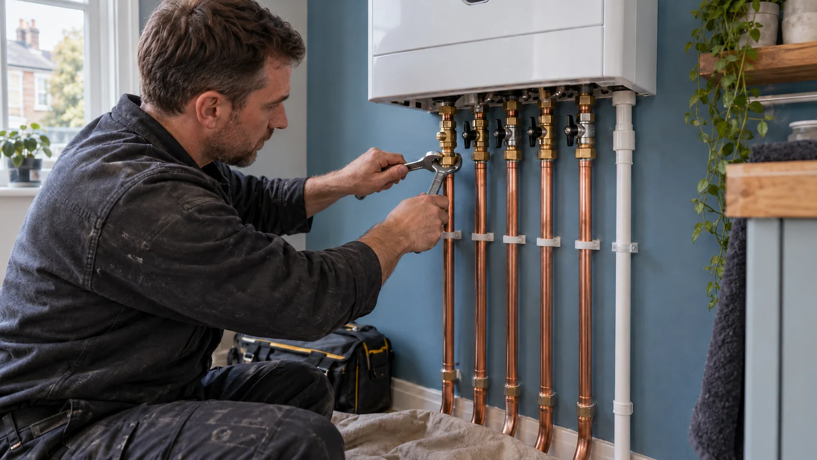 Heating installer using two spanners on an accessible brass service union beneath a wall-mounted boiler
