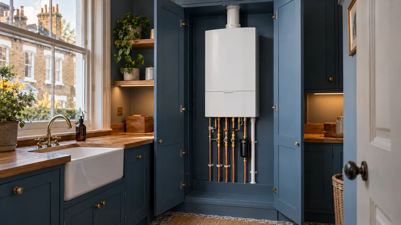 Finished boiler installation with accessible pipework inside an open blue utility cupboard