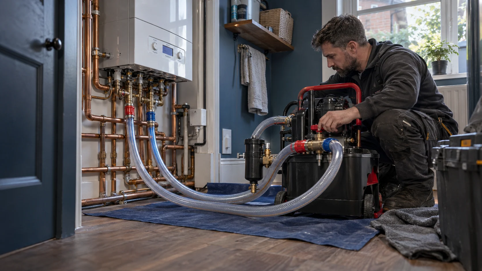 Heating engineer operating a powerflushing machine connected to a domestic heating circuit