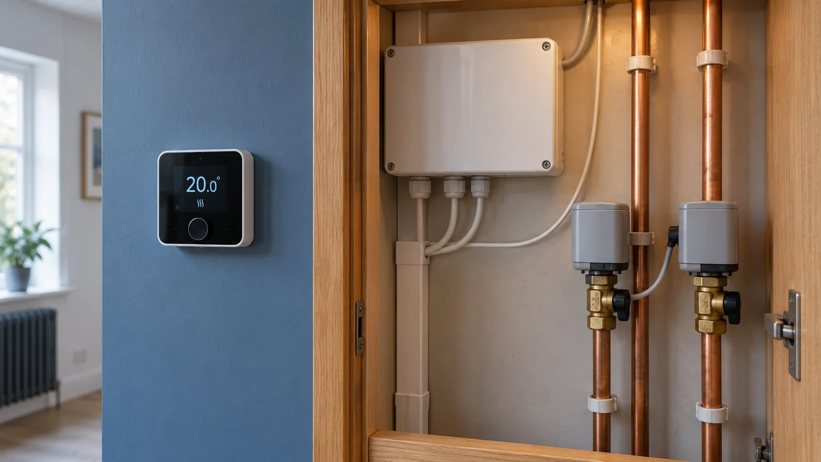 Wall-mounted heating thermostat beside a closed wiring centre and two motorised zone valves