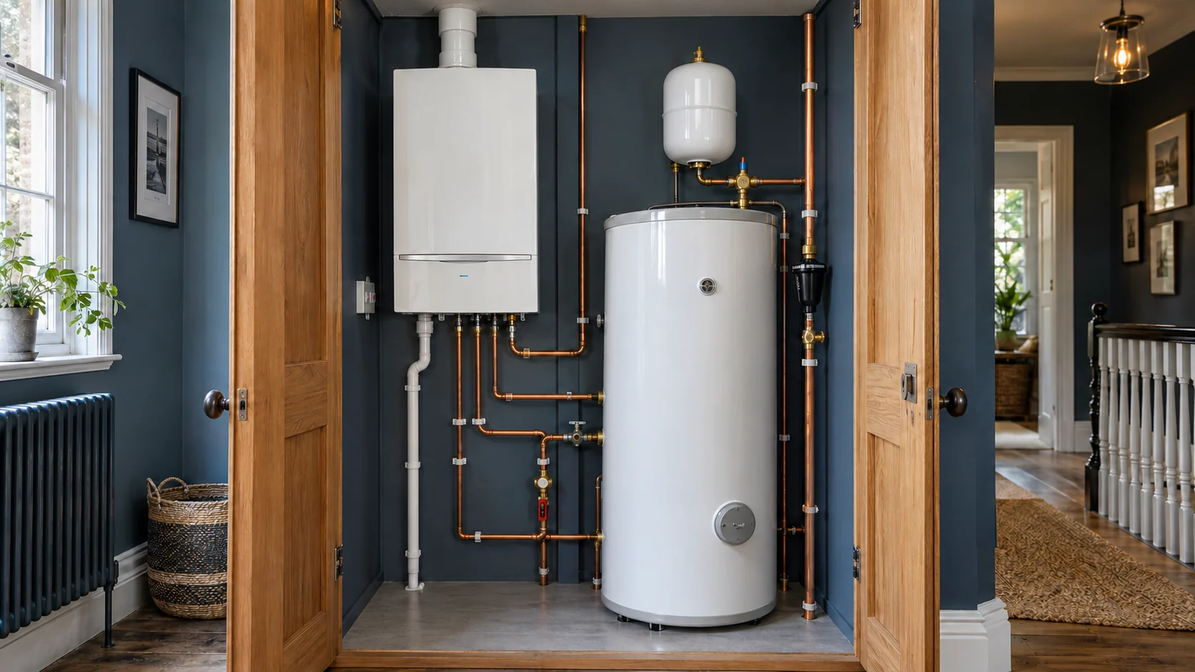 System boiler and insulated hot-water cylinder with accessible copper pipework in a blue utility room