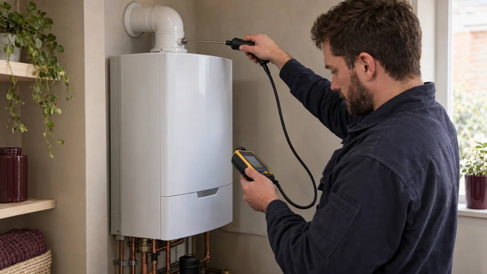 Heating engineer using a flue-gas analyser at a boiler sampling port with the appliance casing closed.