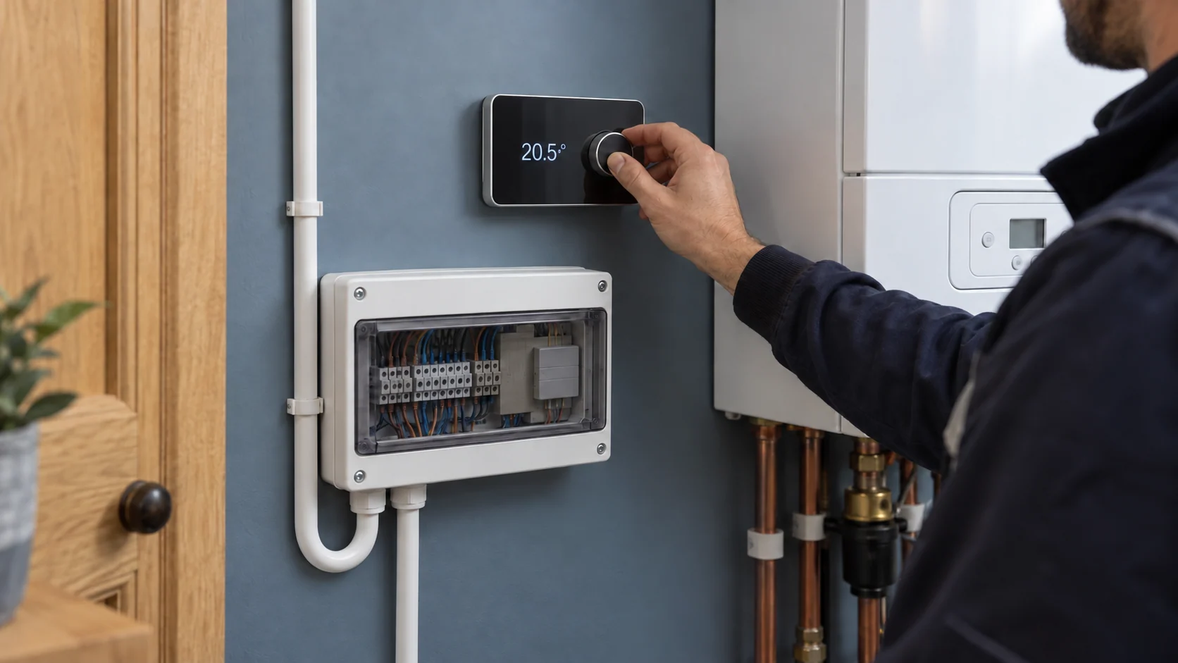 Technician adjusting a wall-mounted heating controller above an enclosed wiring centre beside a boiler.