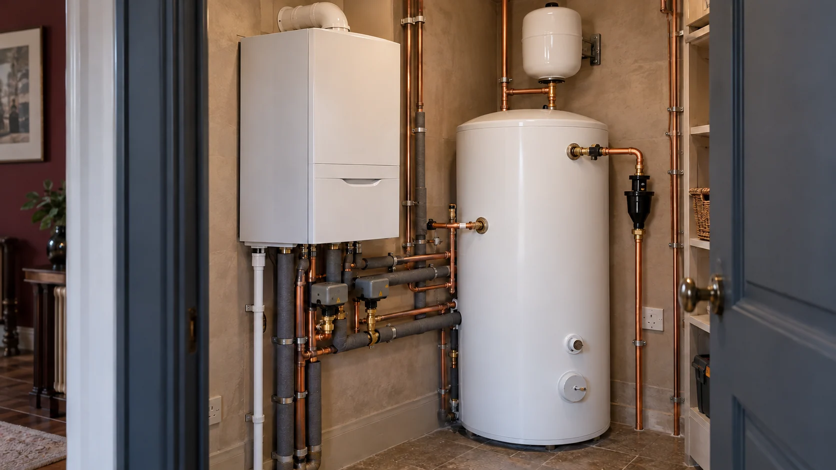 System boiler beside a hot-water cylinder with an expansion vessel, insulated pipework and a visible tundish.