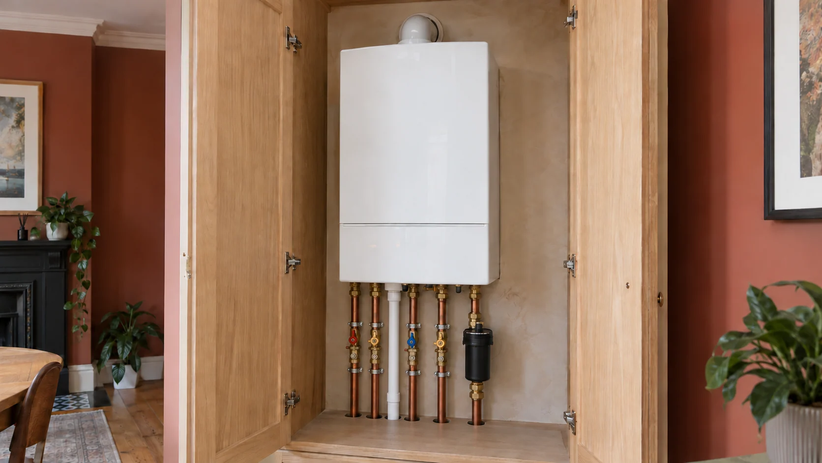 Wall-mounted boiler inside an open oak service cupboard with accessible copper connections and a separate condensate pipe.