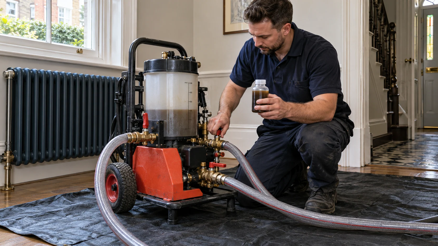 Heating engineer checking a powerflushing machine and a sample of heating water on a protected floor.
