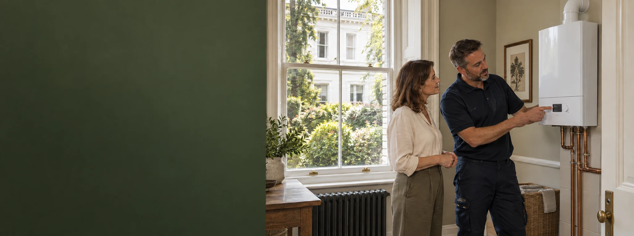 Illustration of a homeowner and heating engineer discussing a boiler in a traditional St John’s Wood home.