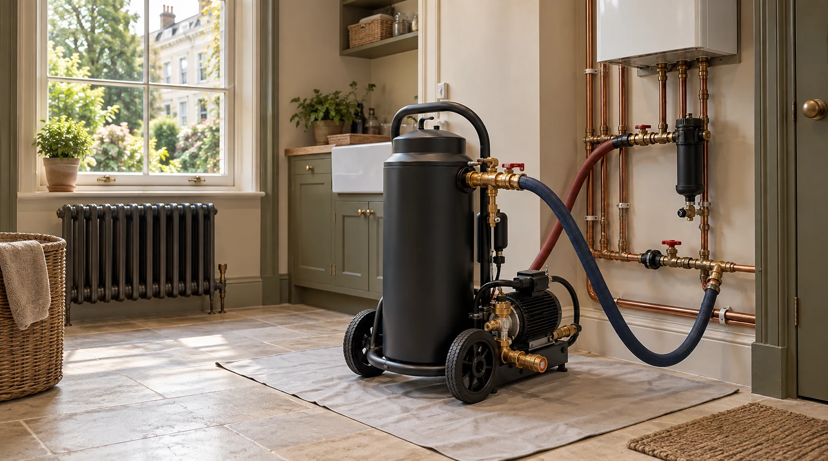Illustration of a PowerFlush machine connected to heating pipework beside a boiler in a period-style St John’s Wood home.