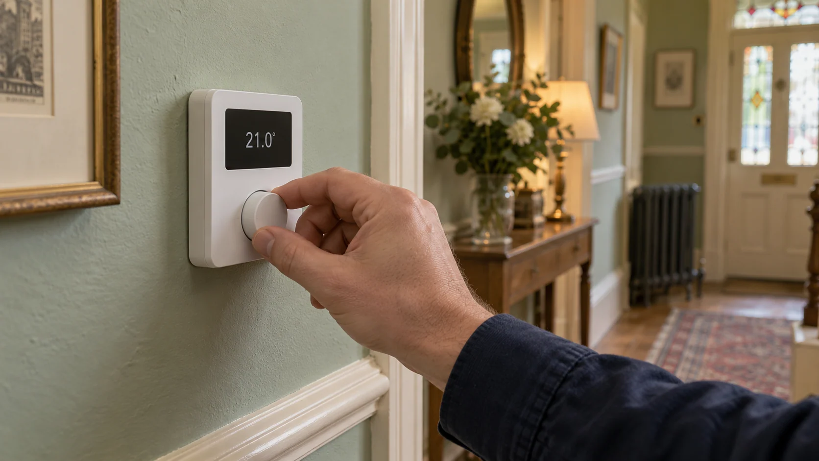 Hand adjusting a wall-mounted heating controller in a celadon-green hallway
