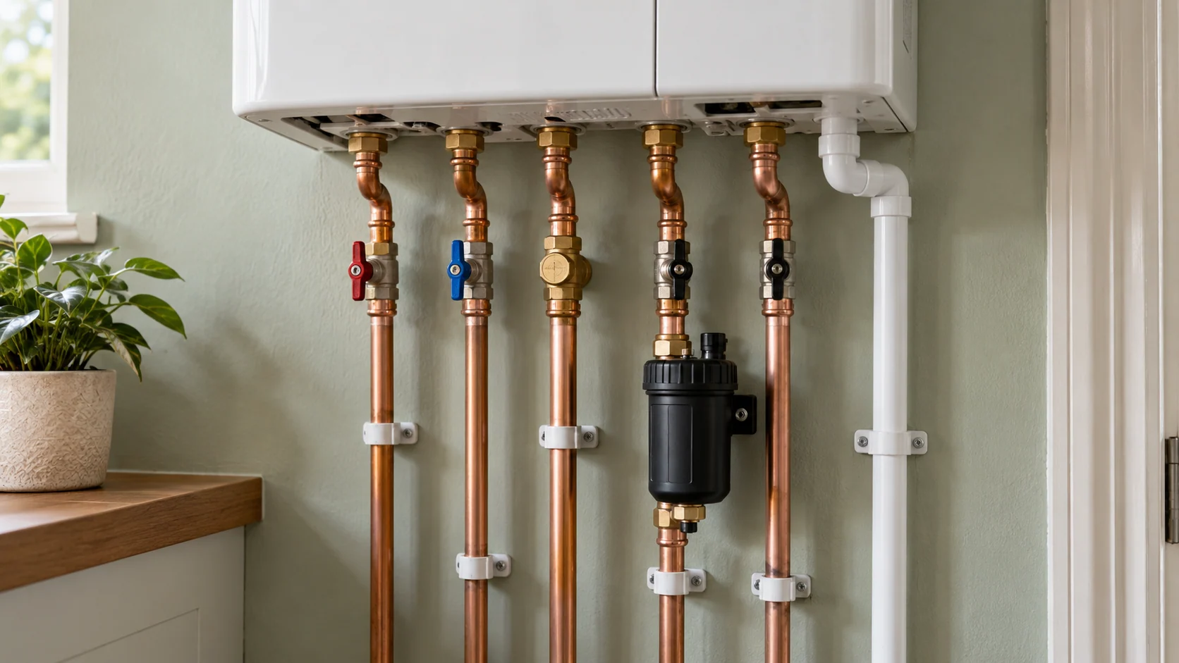 Close-up of copper press-fit boiler connections and a separate plastic condensate drain against a celadon wall