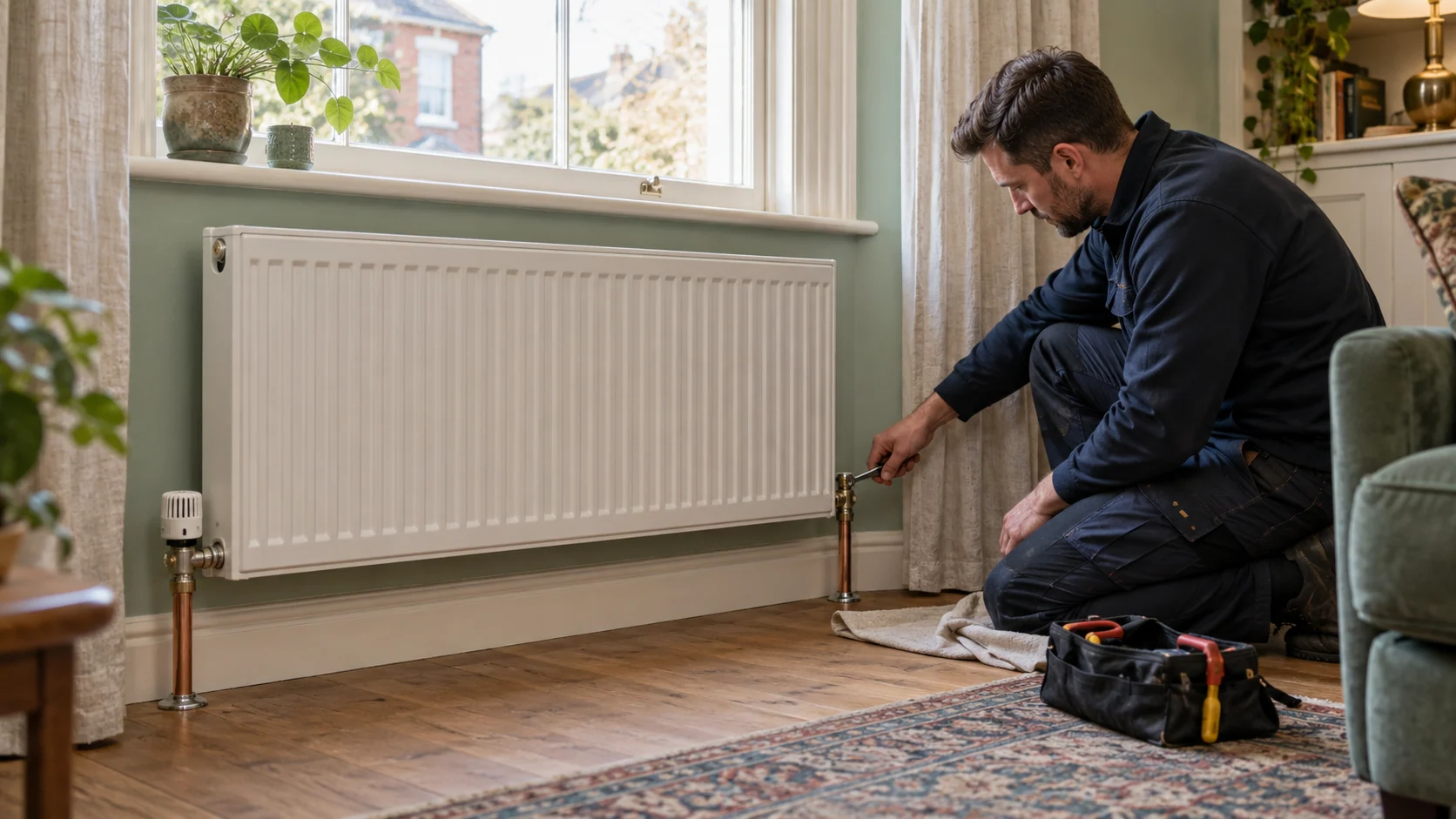 Heating engineer checking a radiator lockshield valve in a period room with pale green walls