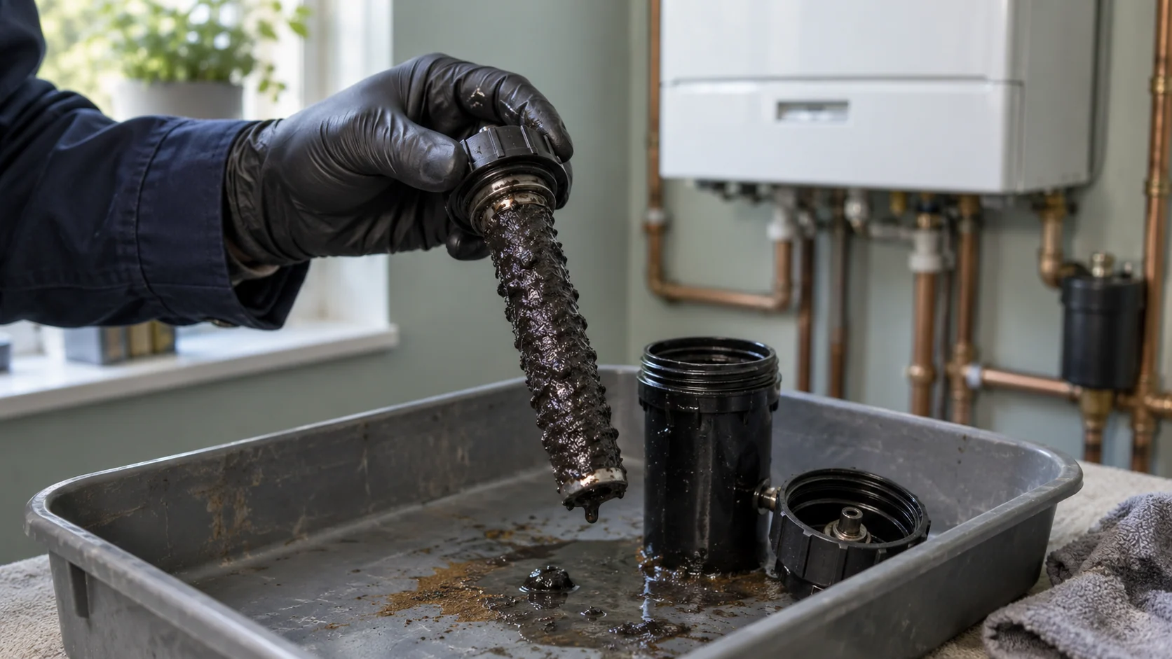 Heating engineer examining dark magnetite deposits removed from a magnetic heating filter over a service tray