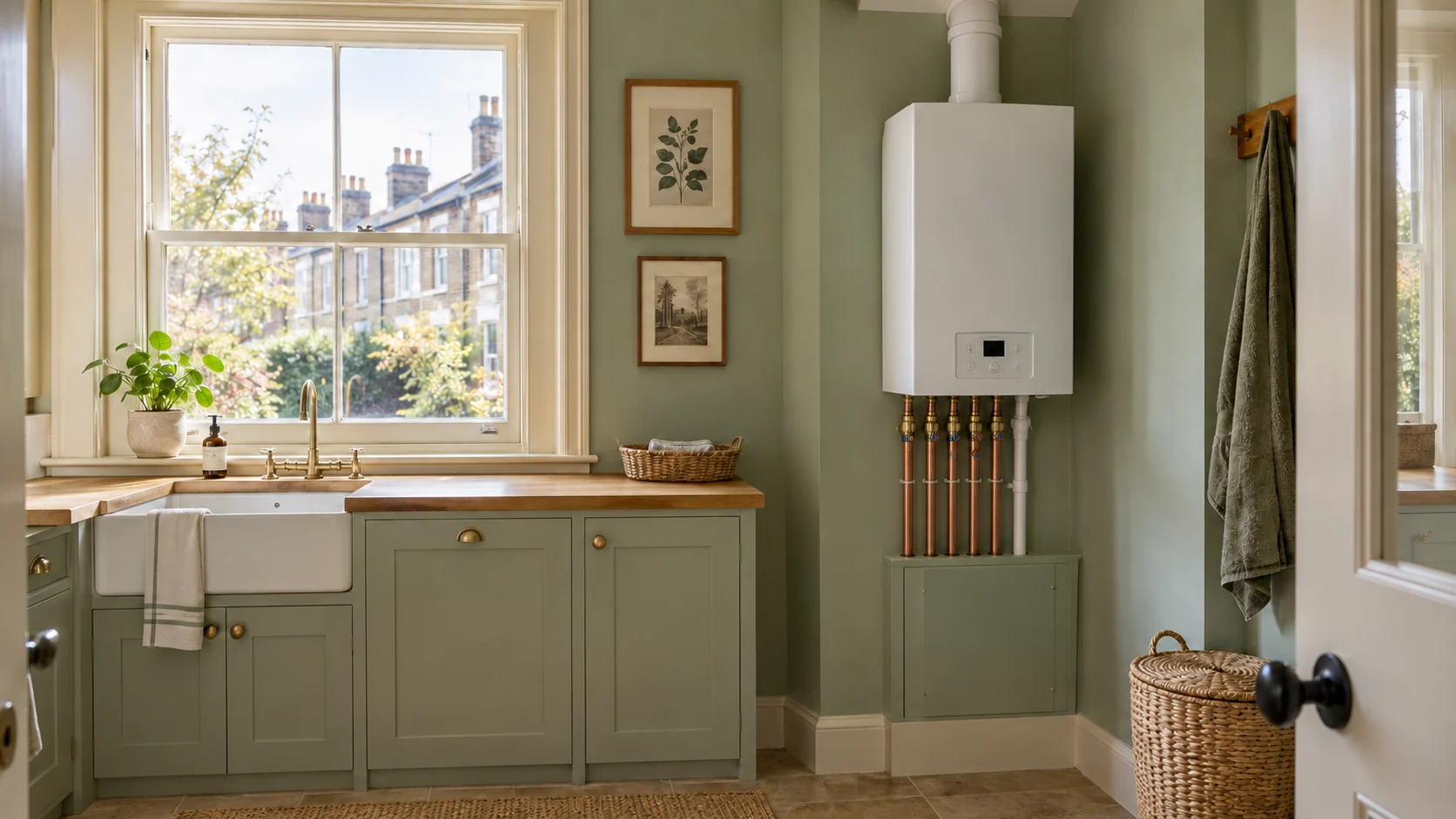 Completed wall-mounted boiler installation in a bright celadon-green utility room with accessible copper pipework