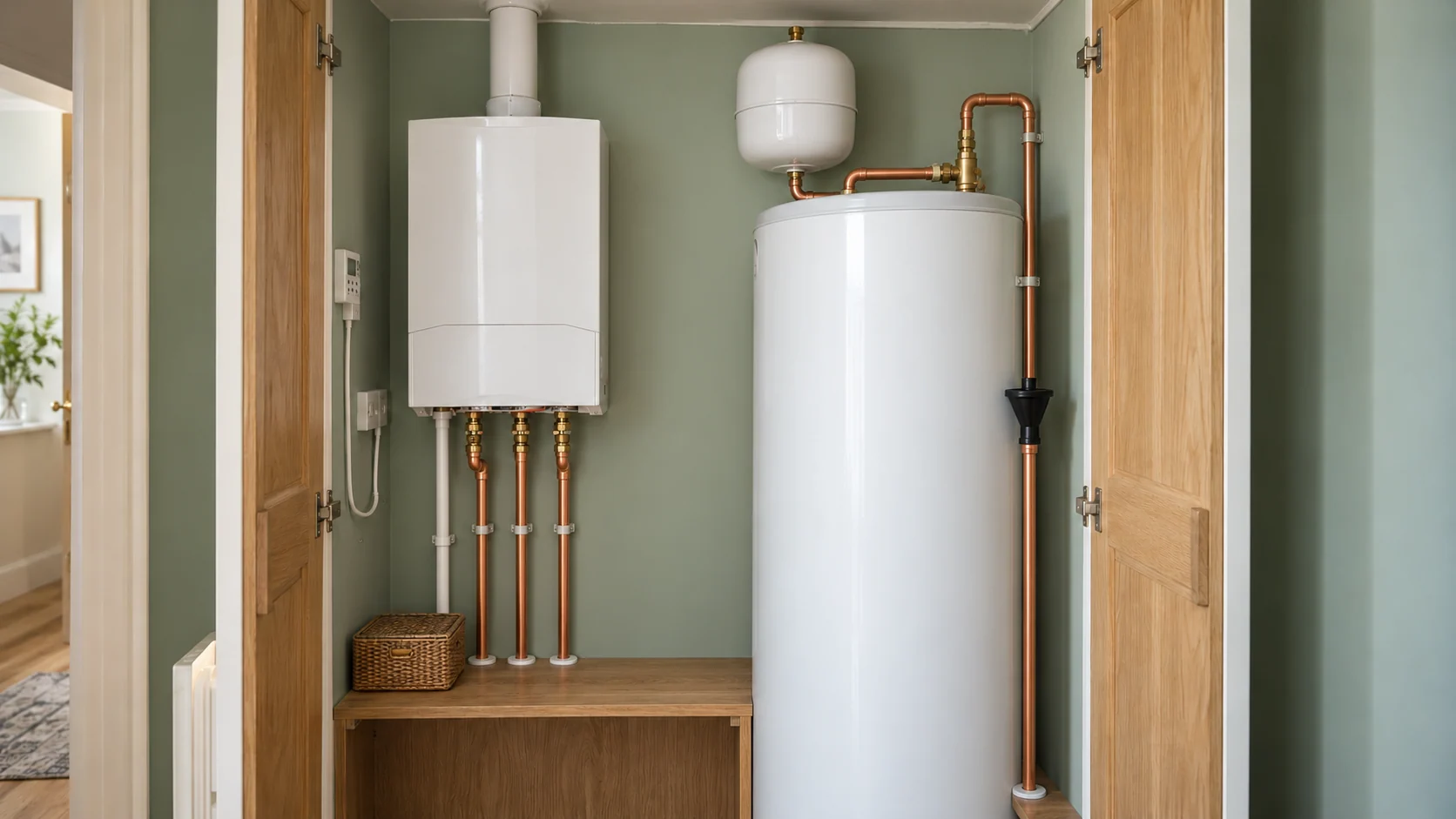 System boiler and insulated hot-water cylinder with accessible pipework in a celadon-green domestic utility room