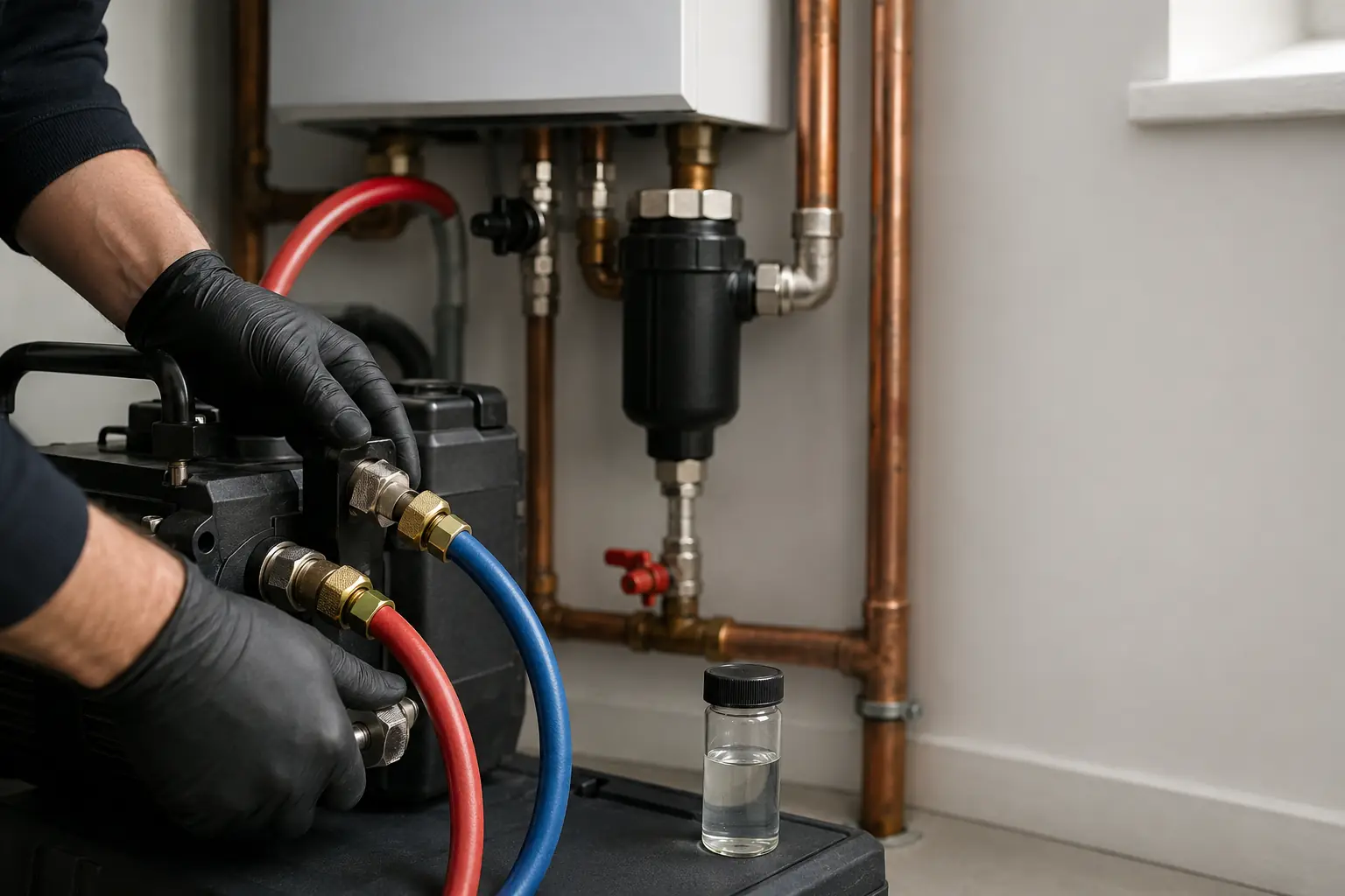 Engineer connecting powerflush equipment to a heating system for a full system clean.