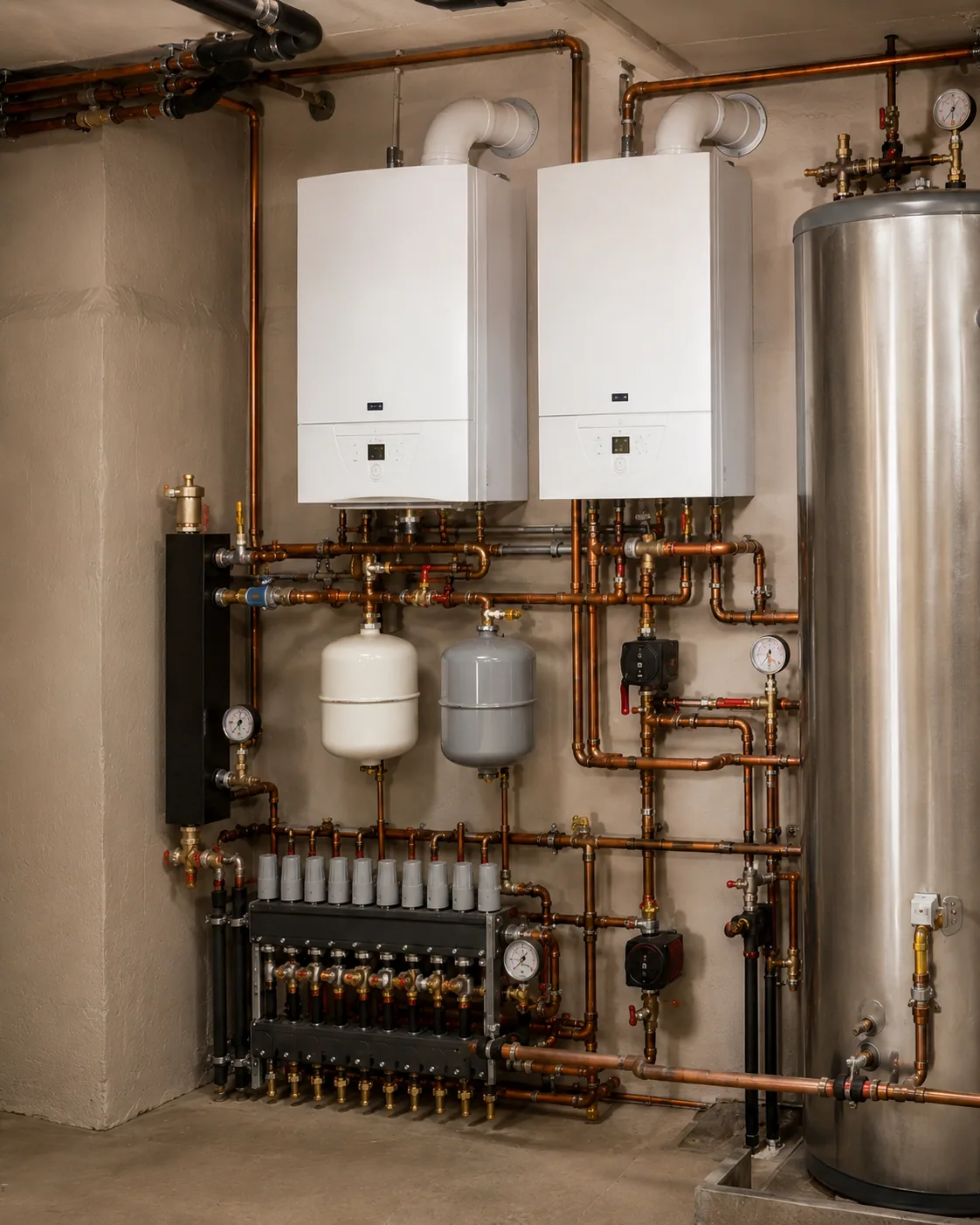 Twin wall-hung boilers with hydraulic separator, expansion vessels and a zoned distribution manifold