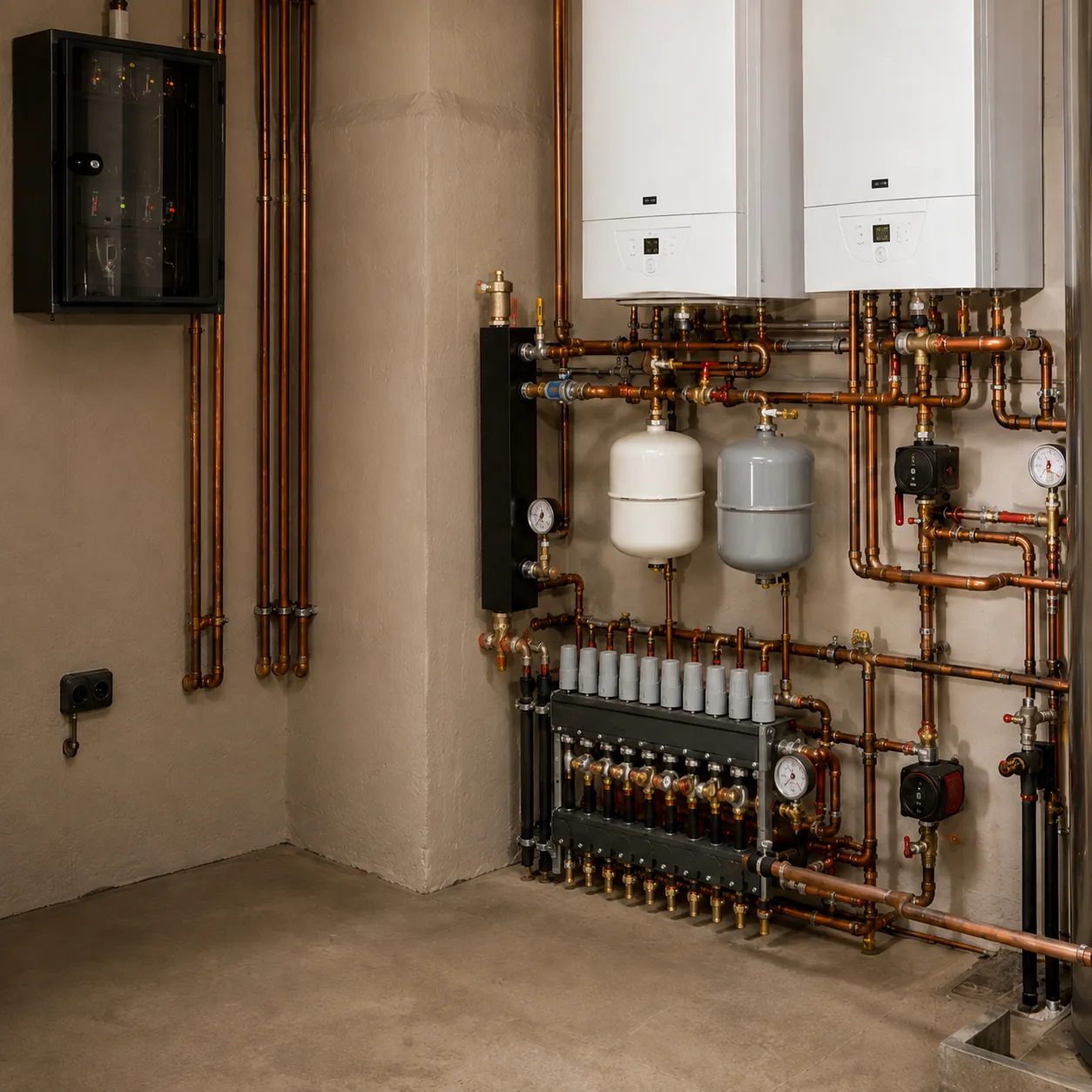 Electrical consumer unit alongside boiler plant and a multi-zone valve manifold coordinating zoned distribution in a residential plant room