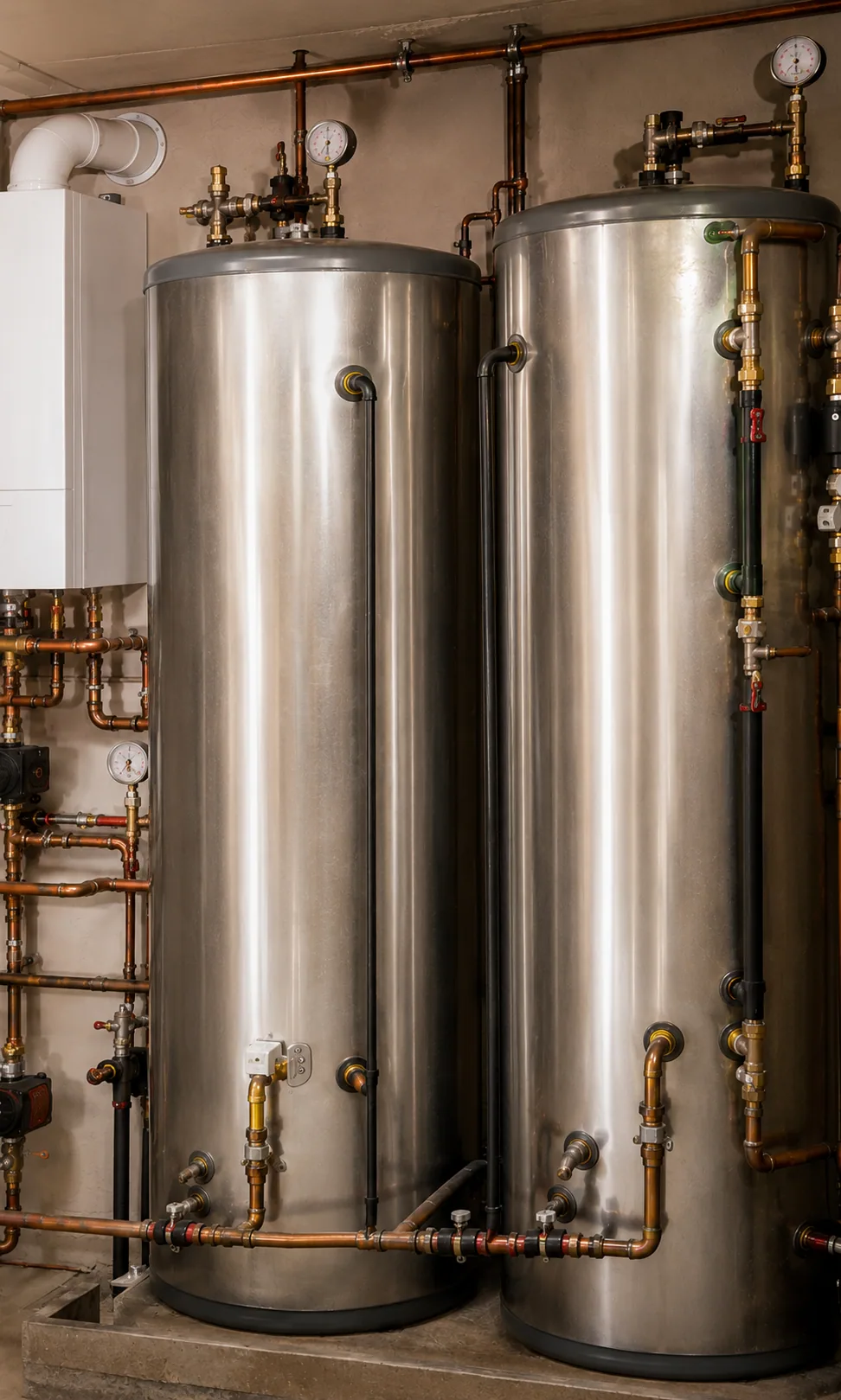 Twin unvented hot-water cylinders with copper distribution pipework and safety fittings