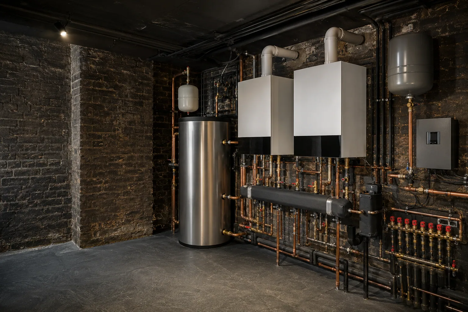 High-specification basement plant room with exposed dark brick walls, twin wall-hung boilers, hydraulic distribution manifold, an unvented hot-water cylinder and zoned valve controls