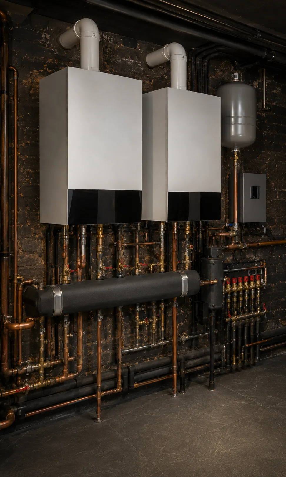 Twin wall-hung boilers with a hydraulic low-loss header, expansion vessel and zoned distribution manifold against exposed brick