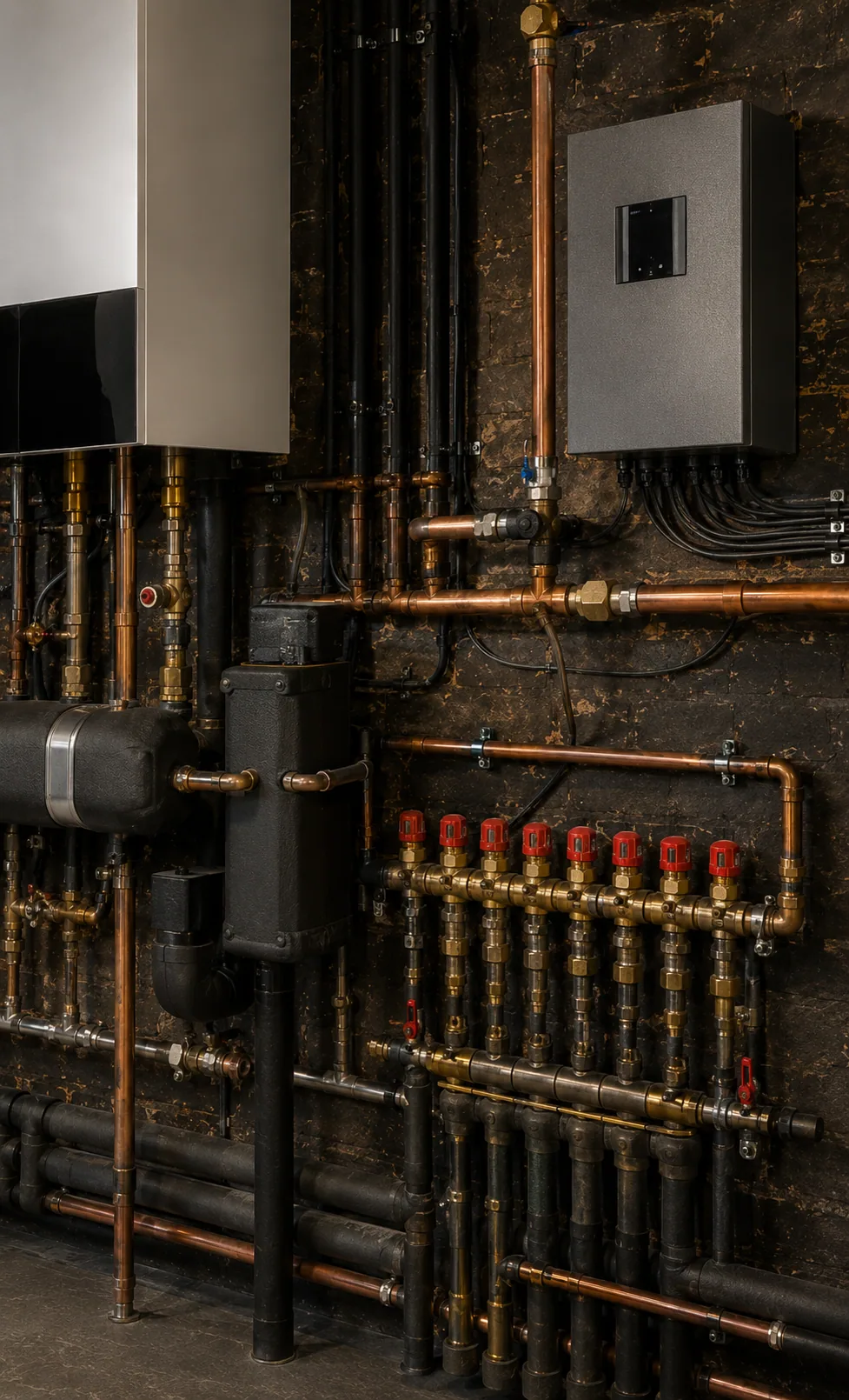 Electrical control panel and multi-zone valve manifold with copper pipework coordinating zoned heating distribution