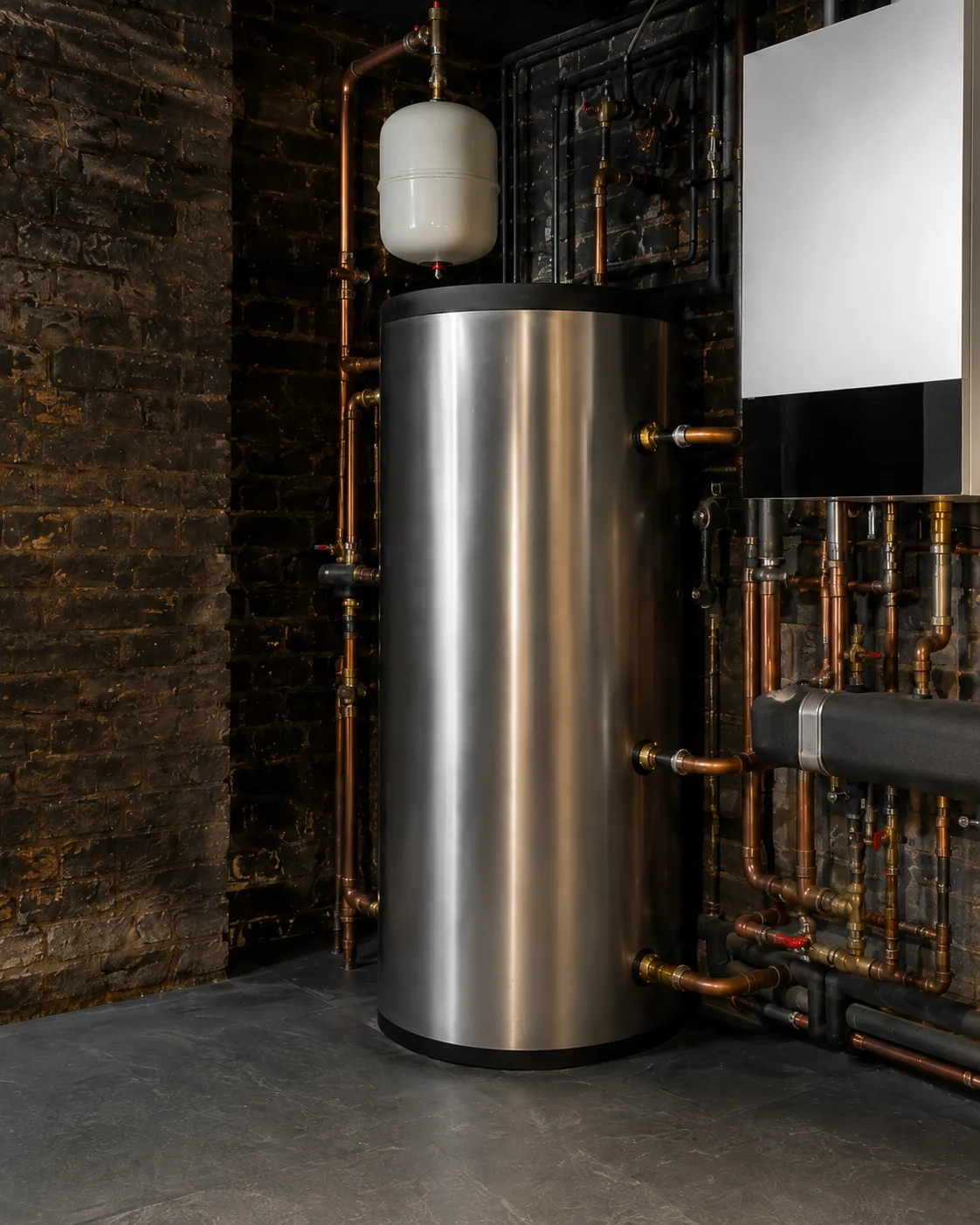 Unvented hot-water cylinder with expansion vessel and copper distribution pipework in a brick-walled plant room