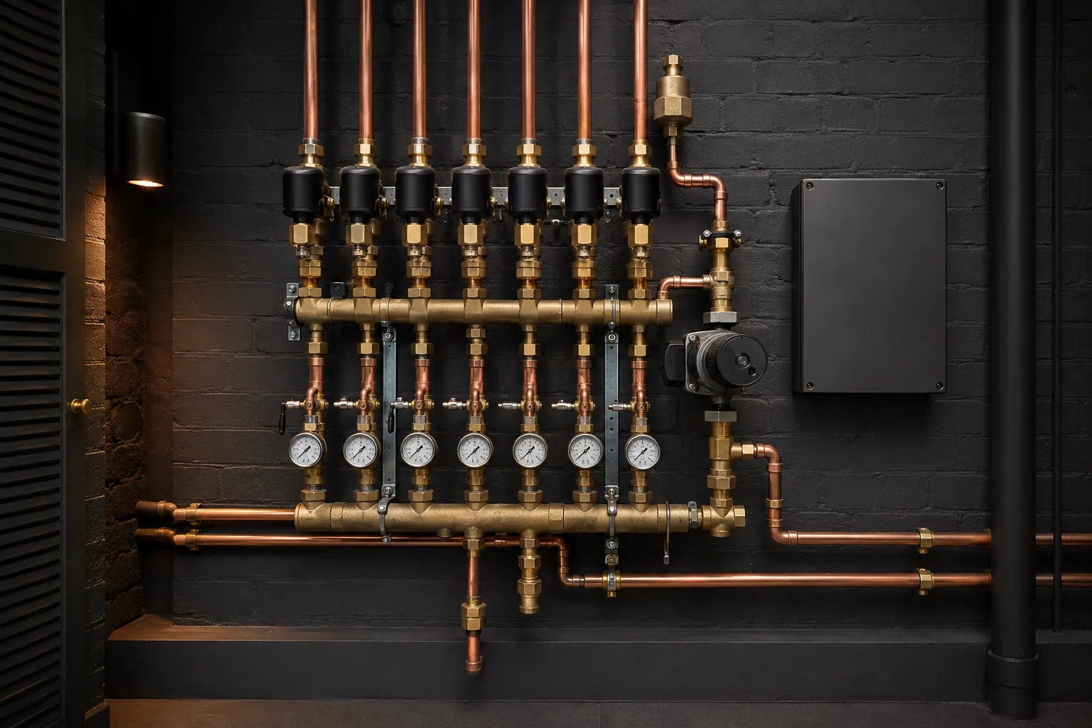 Multi-zone valve manifold with seven zone actuators, pressure gauges and a control panel, fed by copper pipework against a dark wall