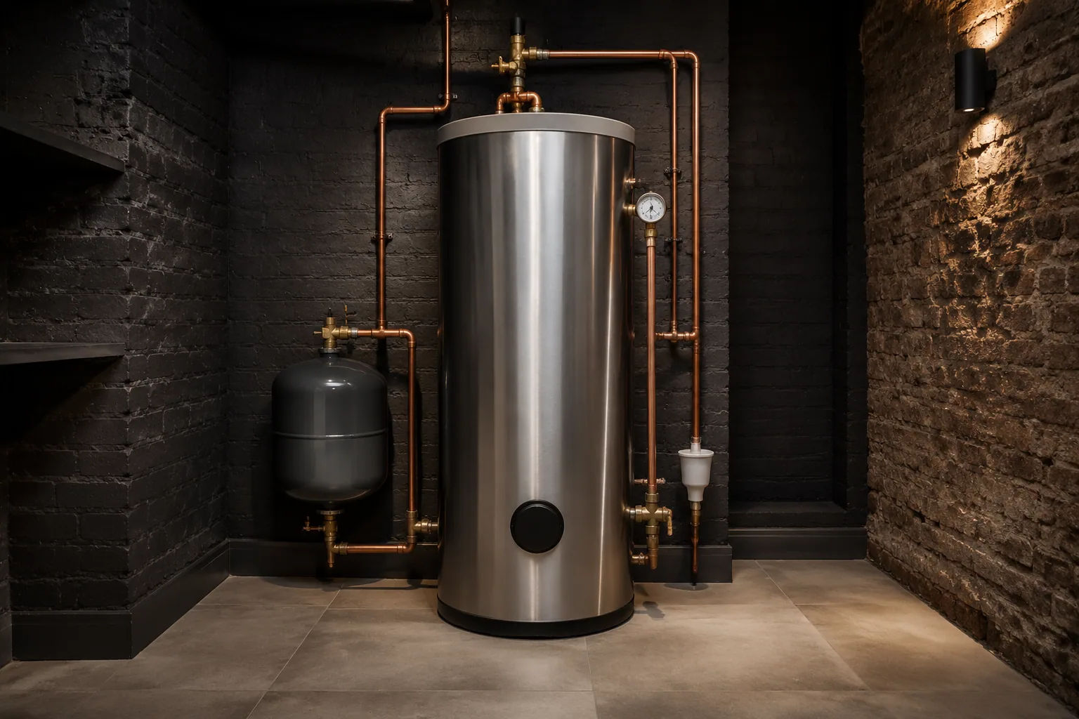 Tall unvented hot-water cylinder with an expansion vessel and copper pipework in a plant room with brick walls