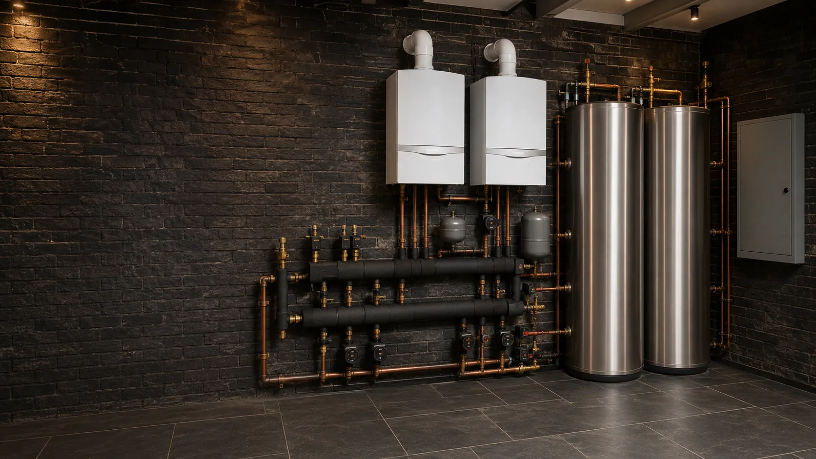 High-specification plant room with exposed dark brick walls, twin wall-hung boilers, a hydraulic distribution manifold and twin unvented hot-water cylinders