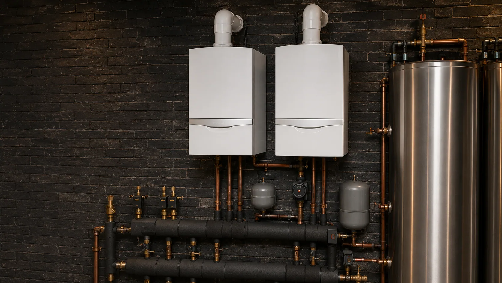 Twin wall-hung boilers piped to a hydraulic distribution manifold with expansion vessels and zone pumps against exposed brick
