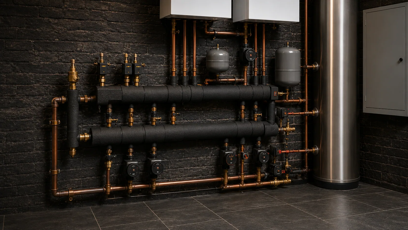 Multi-zone valve manifold and pump assembly with copper pipework coordinating zoned heating distribution