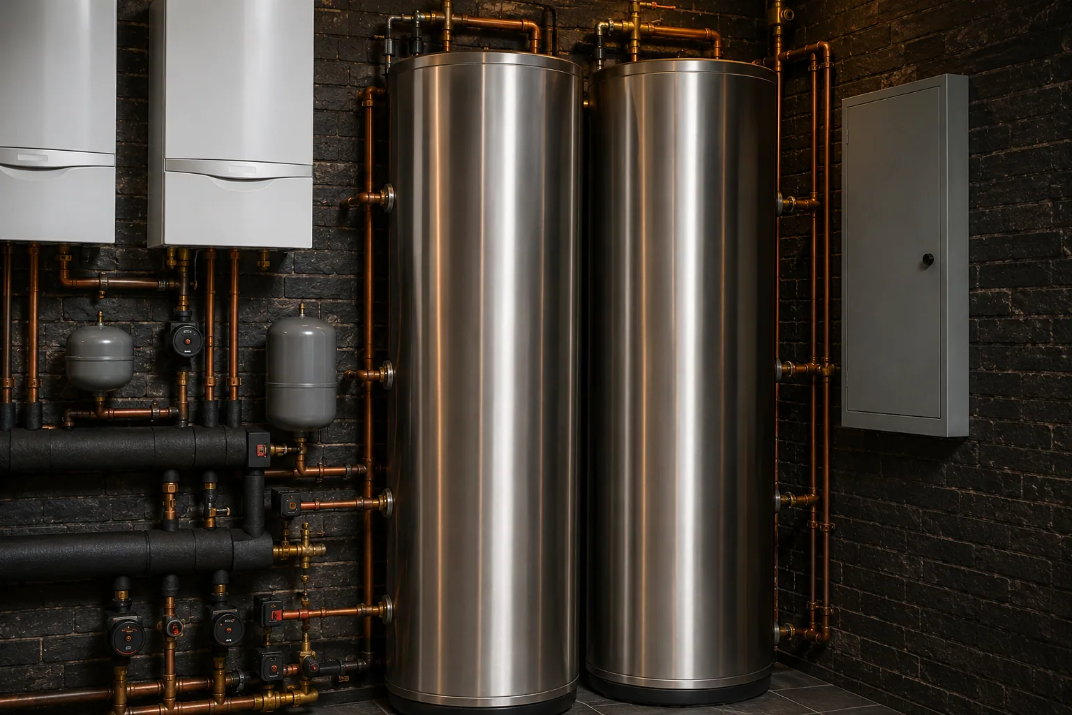 Twin unvented hot-water cylinders with copper distribution pipework and isolation valves in a plant room