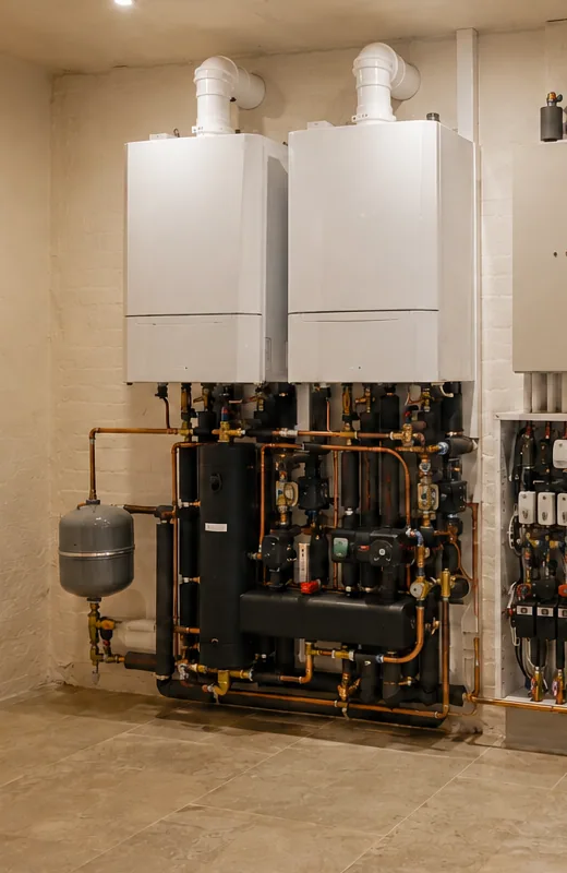 Twin wall-hung boilers with hydraulic separator, pumps and expansion vessel forming the plant-room distribution circuit