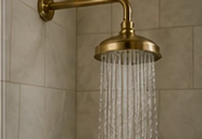 Brushed brass shower head with running water against tiled walls.